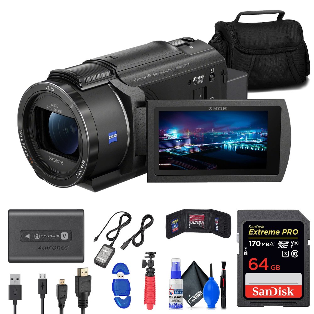 Sony FDR-AX43 UHD 4K Handycam Camcorder (FDRAX43/B) + 64GB Memory Card + Bag + Card Reader + Flex Tripod + Memory Wallet + Cleaning Kit (Renewed)
