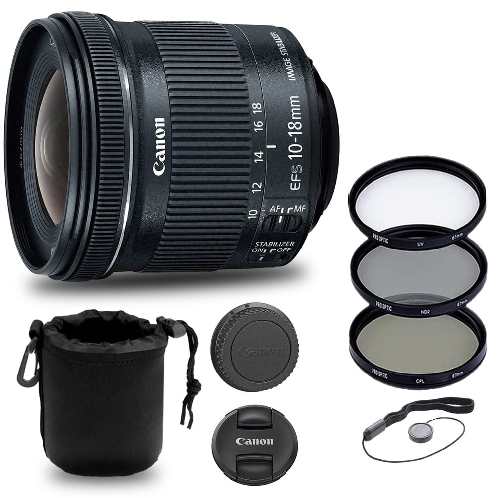 Canon EF-S 10-18mm f/4.5-5.6 is STM Lens (9519B002), Filter Kit, Lens Pouch, Cap Keeper, Cleaning Set (Renewed)