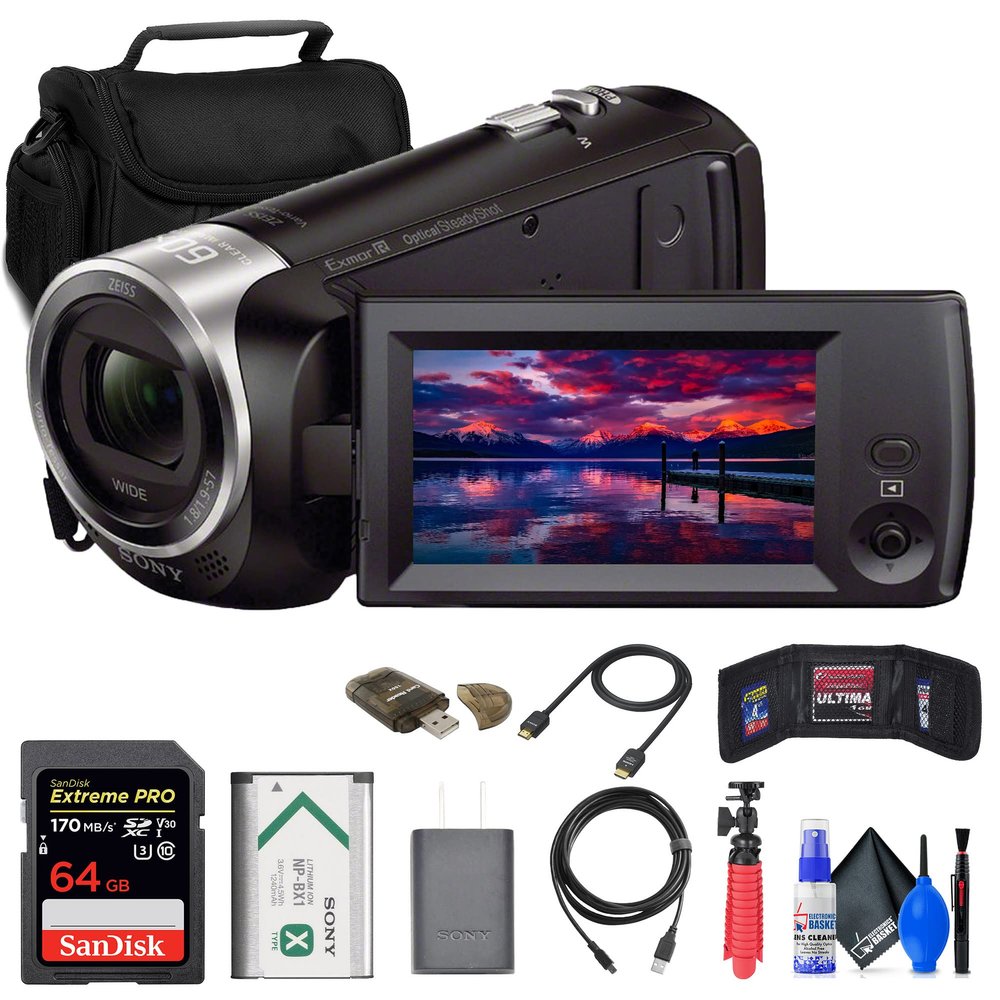 Sony HDR-CX405 HD Handycam (HDRCX405/B) + 64GB Memory Card + Bag + Card Reader + Flex Tripod + Memory Wallet + Cleaning Kit (Renewed), Black