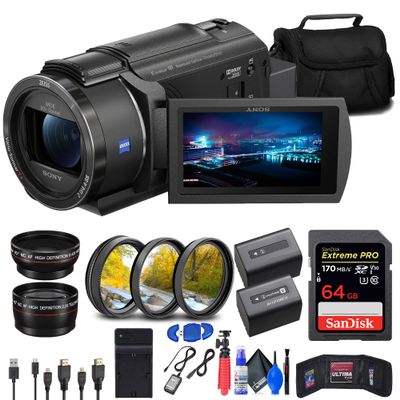 Sony FDR-AX43 UHD 4K Handycam Camc (FDRAX43/B) + 64GB Memory Card + NP-FV70 Battery + Filter Kit + Wide Angle Lens + Telephoto Lens + Bag + Charger + Card Reader + HDMI Cable + More, Black (Renewed)