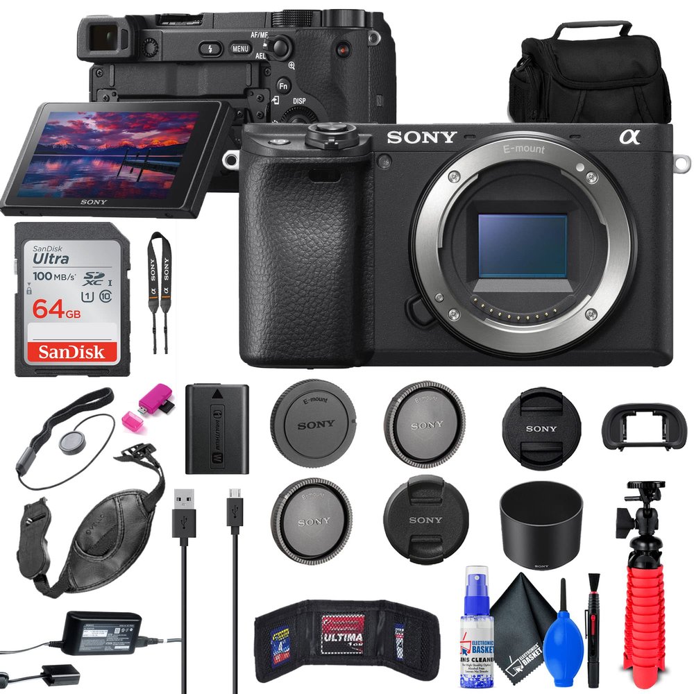 Sony a6400 Mirrorless Camera (ILCE-6400/B) + 64GB Card + Card Reader + Case + Flex Tripod + Hand Strap + Memory Wallet + Cap Keeper + Cleaning Kit (Renewed)
