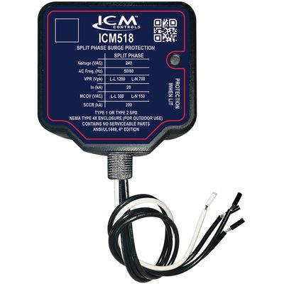 ICM518 240 VAC Split-Phase, Type I/II Whole House SPD, NEMA Type 4X Waterproof Plastic Enclosure with 3/4" Conduit Connection; UL Listed. Replacement for Eaton SP1-240S