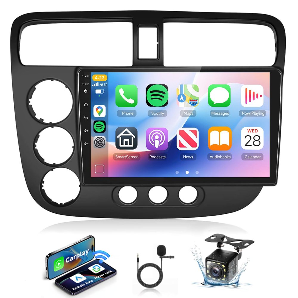 Built-in DSPAndroid Car Stereo for Honda Civic 2001 2002 2003 2004 2005 Radio Wireless Carplay Android Auto GPS Chip,Podofo 9 Inch Touch Screen 26UIs Mirror Link Bluetooth WiFi FM/RDS Backup Camera