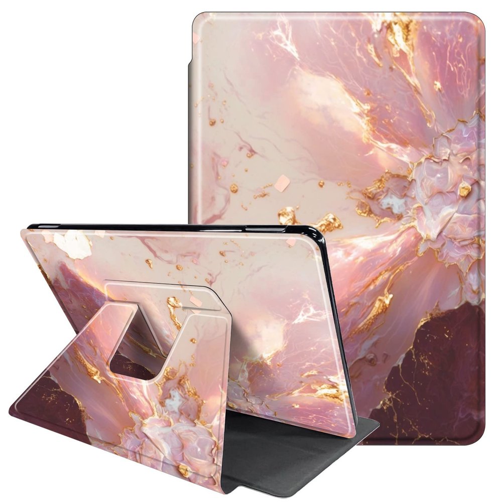 JANENFNA Case for 6.8" Kindle Paperwhite 11th Generation 2021 and Kindle Paperwhite 2021 Signature Edition, 360 Degree Rotating Swivel Stand Case with Auto Sleep/Wake, Pink Marble
