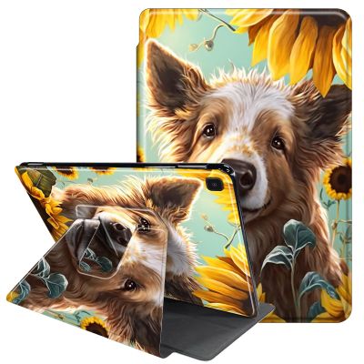 JANENFNA Case for Samsung Galaxy Tab S6 Lite 10.4 inch 2022/2020 (SM-P610/P613/P615/P619), 360 Degree Rotating Swivel Stand PU Leather Case with Auto Sleep/Wake, Dog with Sunflowers