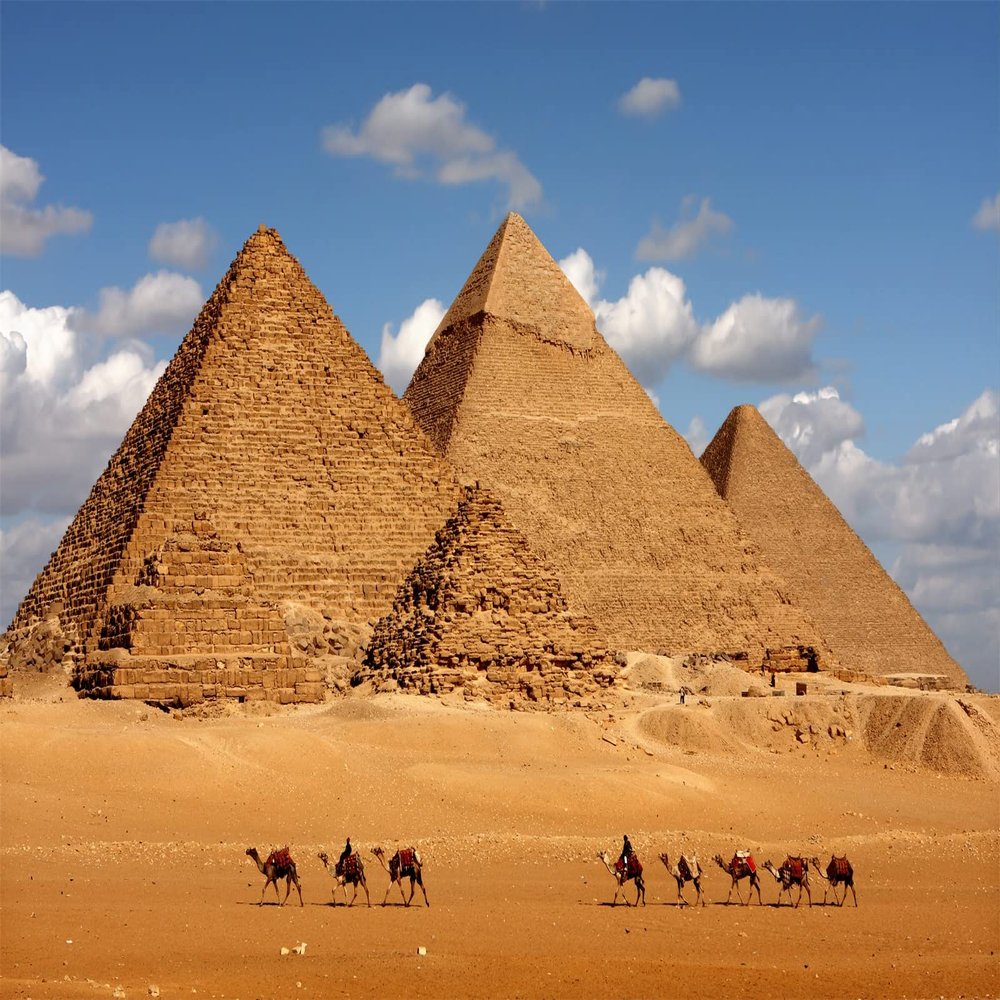 BELECO 20x10ft Fabric Egyptian Pyramids Backdrop Desert Pyramid Camels Blue Sky White Clouds Giza Desert Egypt Backdrop Background Wall Mural Egyptian Party Decorations Studio Photography Props
