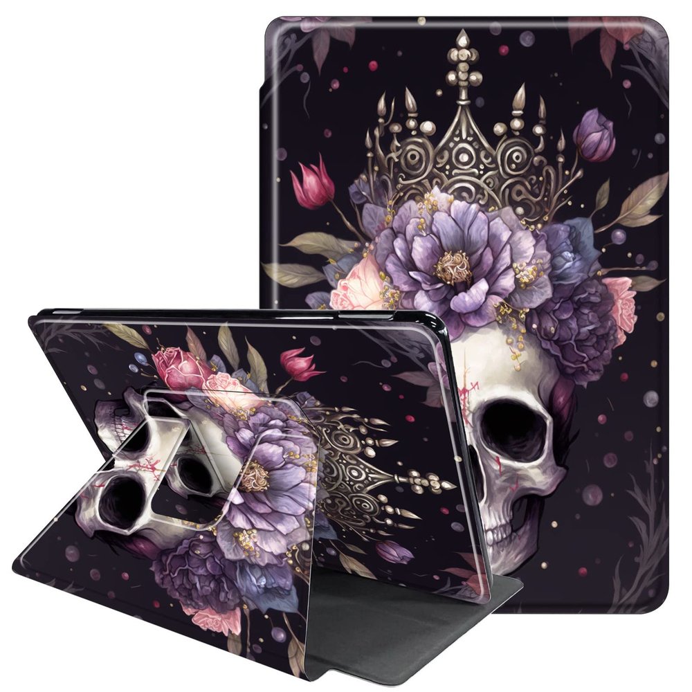 JANENFNA Case for All-New 6" Basic Kindle 11th Generation 2022 Release, 360 Degree Rotating Swivel Stand PU Leather Case with Auto Sleep/Wake, Only for Basic Kindle 2022, Skull with Crown