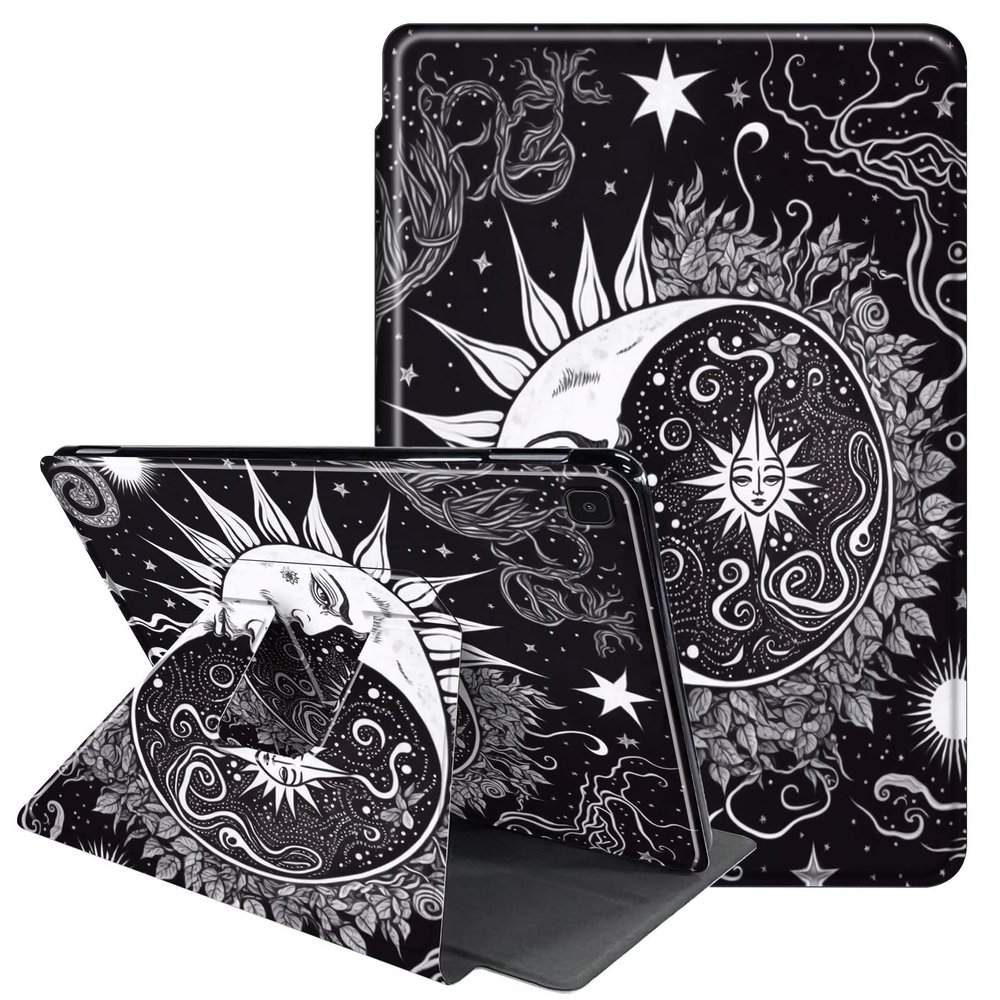 JANENFNA Case for Samsung Galaxy Tab A7 Lite 8.7 inch 2021, 360 Degree Rotating Swivel Stand PU Leather Case for Galaxy Tab A7 Lite (SM-T220/T225/T227), Black White Sun and Moon