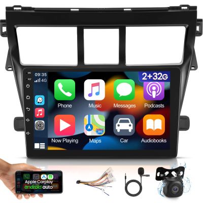 [2G+32G] Car Radio for Toyota Vios Yaris 2007 2008 2009 2010 2011 2012, 9 inch Android Touch Screen Stereo, Carplay/Android Auto/WiFi/1080P/SWC/Bluetooth+AHD Backup Camera+MIC