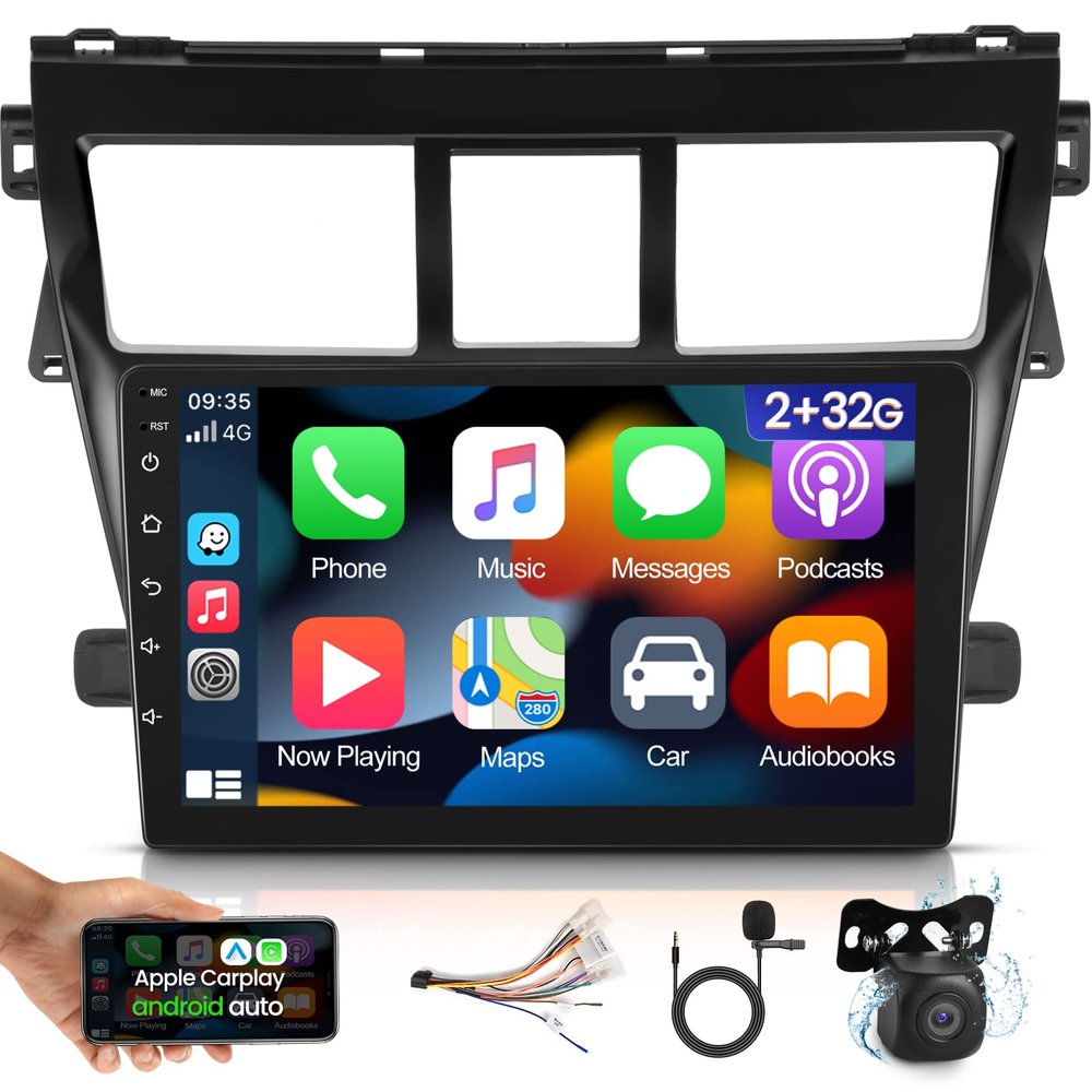 [2G+32G] Car Radio for Toyota Vios Yaris 2007 2008 2009 2010 2011 2012, 9 inch Android Touch Screen Stereo, Carplay/Android Auto/WiFi/1080P/SWC/Bluetooth+AHD Backup Camera+MIC