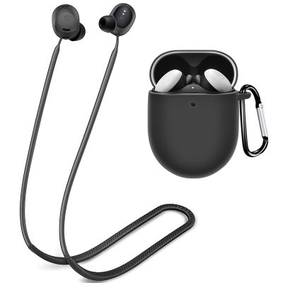 (1+1) Miimall Compatible for Google Pixel Buds Pro Case with Strap, Soft Silicone Keychain Protective Case Cover + Anti-Lost Neck Strap for Pixel Buds Pro 2022 Accessories (Black)