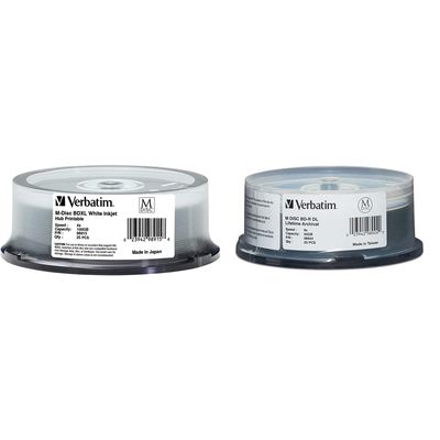 Verbatim M-Disc BD-R 100GB 4X White Inkjet Printable, Hub Printable - 25 Pack Spindle 98915 & M-Disc BD-R DL 50GB 8X with Branded Surface-25pk Spindle