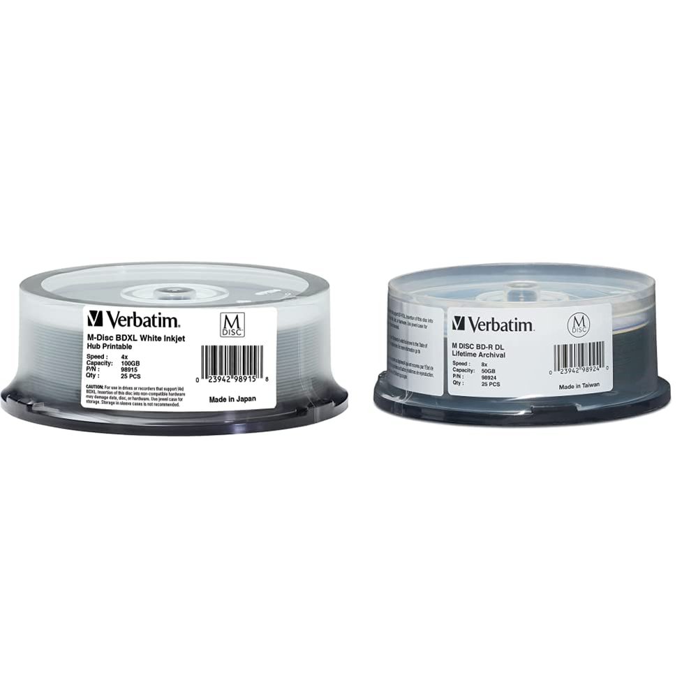 Verbatim M-Disc BD-R 100GB 4X White Inkjet Printable, Hub Printable - 25 Pack Spindle 98915 & M-Disc BD-R DL 50GB 8X with Branded Surface-25pk Spindle