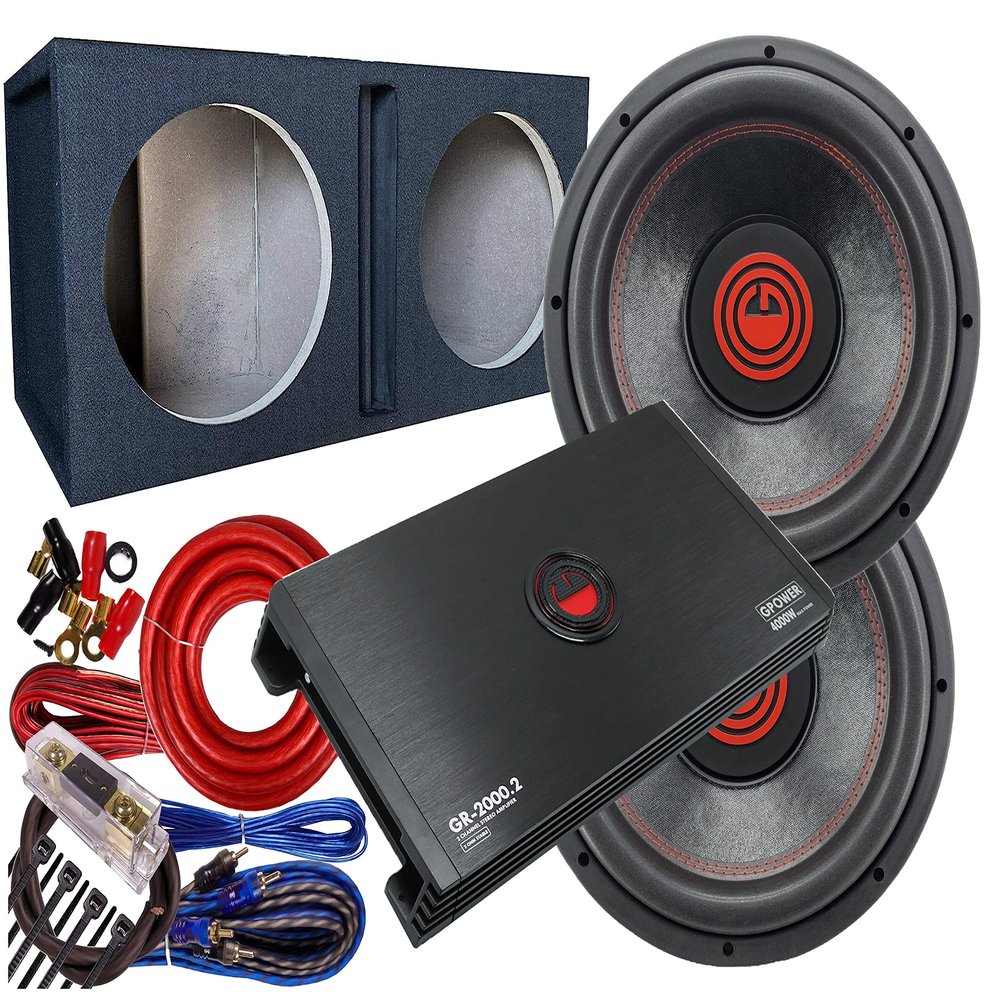 Gravity 12 Inch 2000 Watt Car Audio Elite Subwoofer Pair, 2Ch 4000 Watts Bridgeable Amplifier, Audiotek CA-12DP Car Audio Double 12" Vented Speaker Box Enclosure & Complete 4 Gauge Amp Kit