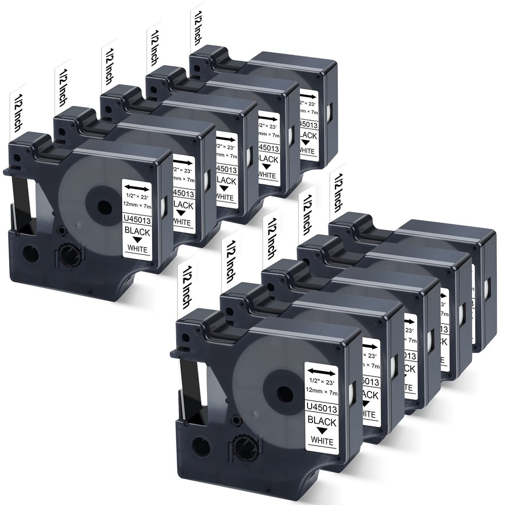 10X 45013 Label Tape Replace for Dymo Label Maker Refills D1 Black on White Replace for D1 45013 S0720530 Compatible with Dymo LabelManager 210D 260P 280 360D 420P PnP, 1/2 Inch x 23 Feet