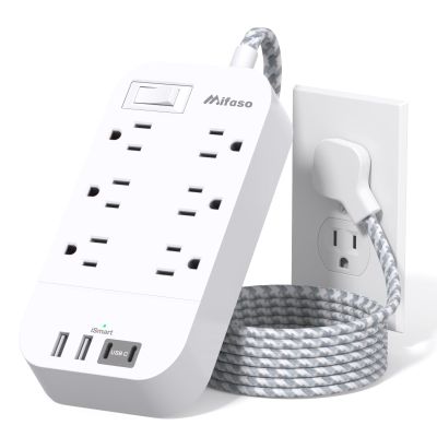 Flat Power Strip - 5 FT Plug Extension Cord, 6 Outlets 4 USB Ports Outlet Extender with Overload Protection, Wall Mount, Desktop Charging Station for Home, Office and Dorm Essential