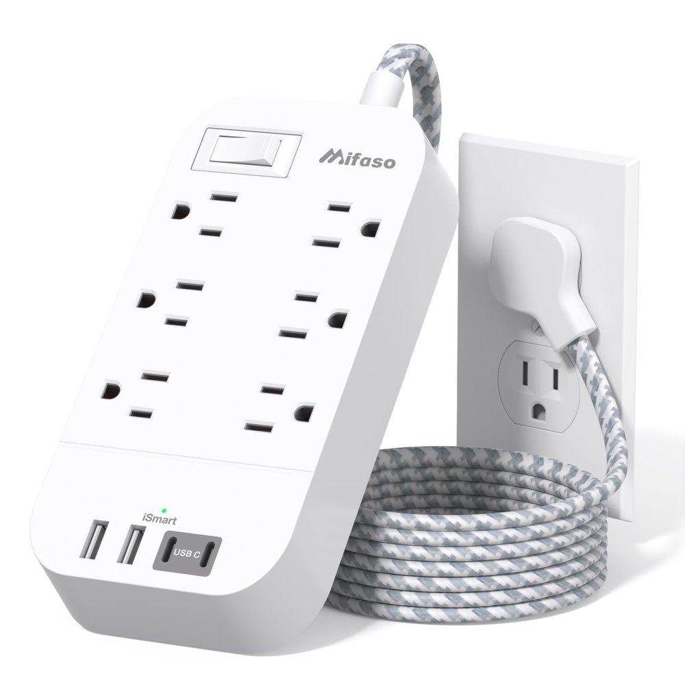 Flat Power Strip - 5 FT Plug Extension Cord, 6 Outlets 4 USB Ports Outlet Extender with Overload Protection, Wall Mount, Desktop Charging Station for Home, Office and Dorm Essential