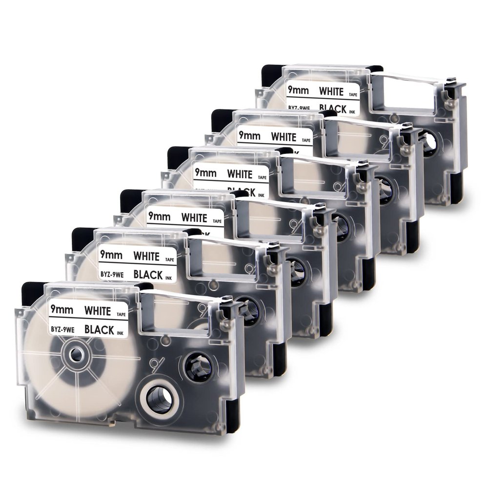 Absonic XR-9WE2S 9mm Label Tape Replace for Casio Xr-9we Label Maker Tape Use with Casio Label Printers KL-120 KL-60 KL-100 KL750B KL750 KL7200,6-Pack