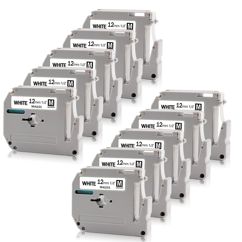 Absonic 10-Pack MK231 Label Tape White Compatible for Brother M-K231 M-K231S M231 MK-231 12mm 0.47" P Touch Tape M 12mm 1/2" White for PT-65 PT-M95 PT-45M PTM95 PT-80 PT-90 Label Maker