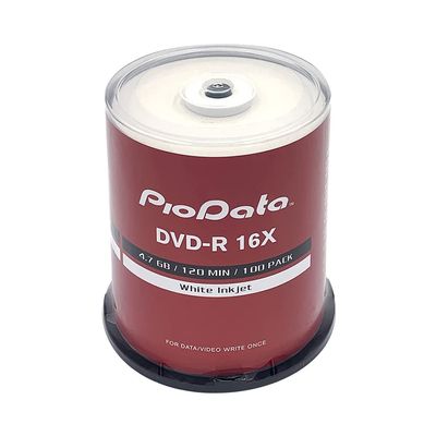 PioData DVD-R 4.7GB 16X Moisture-Resistant White Inkjet Hub Printable Discs | 100-Pack Cake Box Spindle | Printable DVD-R for Inkjet Printers