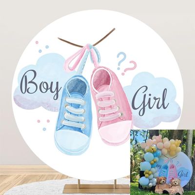 Laeacco 7.2x7.2ft Gender Reveal Round Backdrop Stand Cover for Photography Boy or Girl Blue Pink Shoes Circle Backdrop for Baby Shower Party Baby Gender Reveal Photo Background Decoration Studio Props