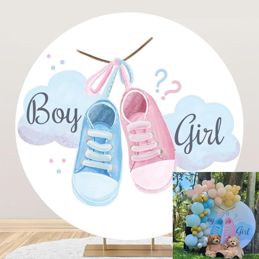 Laeacco 7.2x7.2ft Gender Reveal Round Backdrop Stand Cover for Photography Boy or Girl Blue Pink Shoes Circle Backdrop for Baby Shower Party Baby Gender Reveal Photo Background Decoration Studio Props