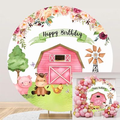 Laeacco 4x4ft Farm Aniamls Happy Birthday Round Backdrop for Kids Pink Barn Girls Birthday Party Arch Background Cartoon Farm Animals Farmland Baby Shower Floral Circle Backdrop for Photography