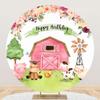 Laeacco 4x4ft Farm Aniamls Happy Birthday Round Backdrop for Kids Pink Barn Girls Birthday Party Arch Background Cartoon Farm Animals Farmland Baby Shower Floral Circle Backdrop for Photography view 2