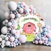 Laeacco 4x4ft Farm Aniamls Happy Birthday Round Backdrop for Kids Pink Barn Girls Birthday Party Arch Background Cartoon Farm Animals Farmland Baby Shower Floral Circle Backdrop for Photography view 3