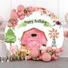 Laeacco 4x4ft Farm Aniamls Happy Birthday Round Backdrop for Kids Pink Barn Girls Birthday Party Arch Background Cartoon Farm Animals Farmland Baby Shower Floral Circle Backdrop for Photography view 4