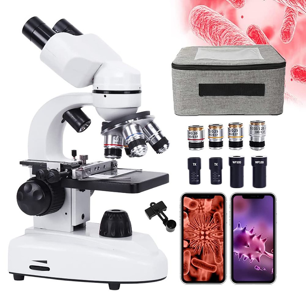 Binocular Compound Microscope, Kids Students Adults Microscope, Mobile Phone Photo and Video, with Specimen Set & Operating Accessories, 6000X/10000X/15000X/20000X,6000X