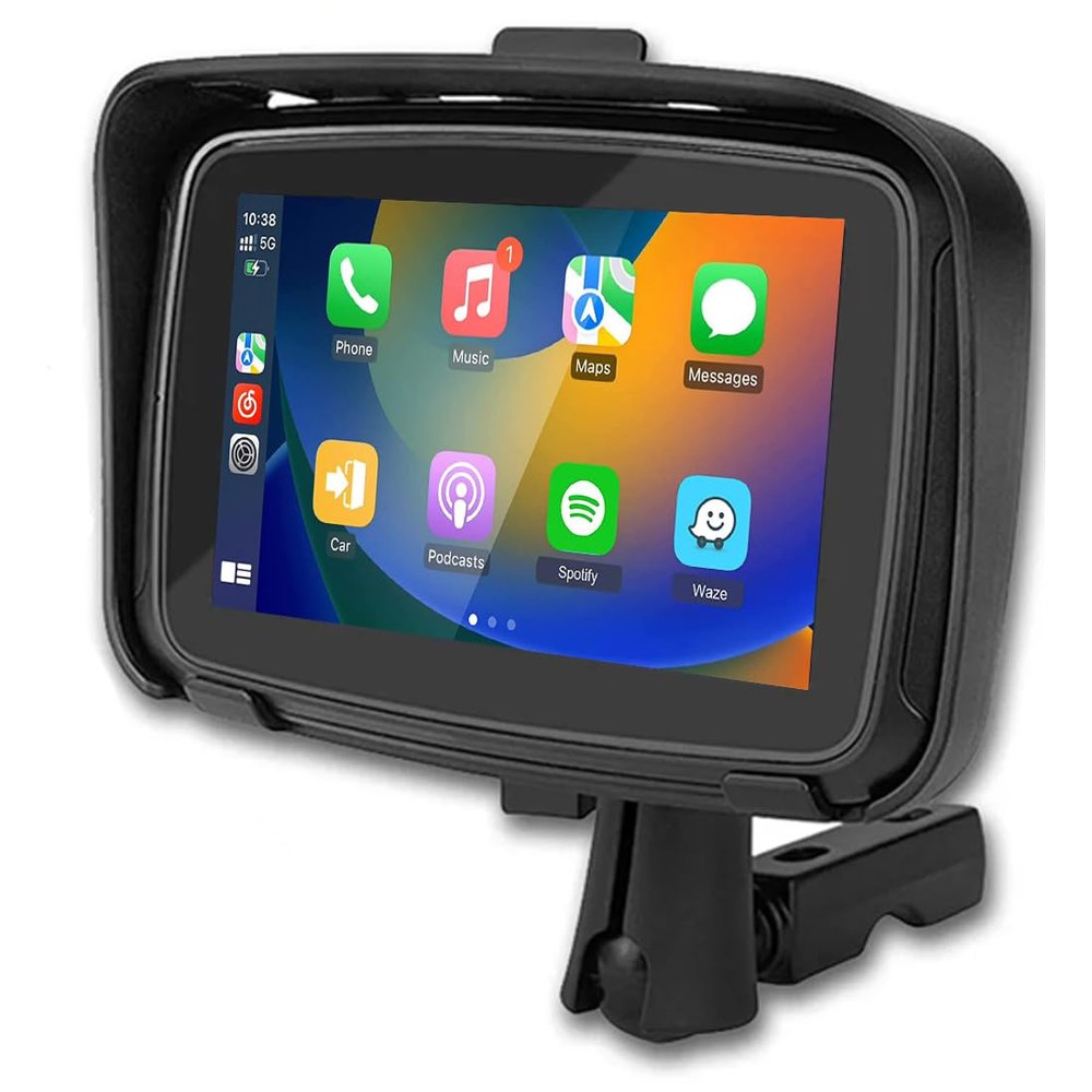 Portable Motorcycle Monitor Compatible with Wireless Apple Carplay and Android Auto 5'' IPS Waterproof IPx6 Dual Bluetooth Car Touch Screen Built-in Speaker for Motorbike Powered by 5V~50V