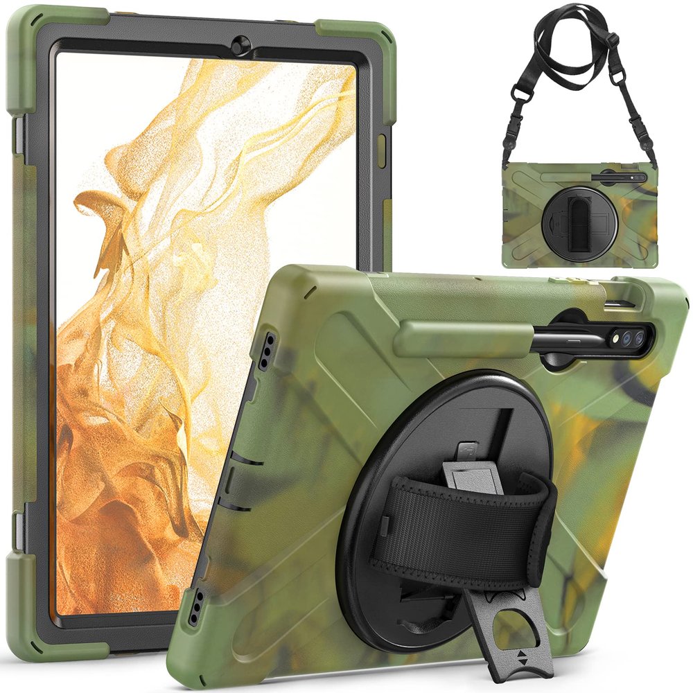 AdirMi Case for Samsung Galaxy Tab S8 2022 /S7 2020 11 inch, Military Grade Rugged Shockproof Case with [360 Rotating Stand/Hand Strap] [Shoulder Strap] [S-Pen Holder],Camouflage