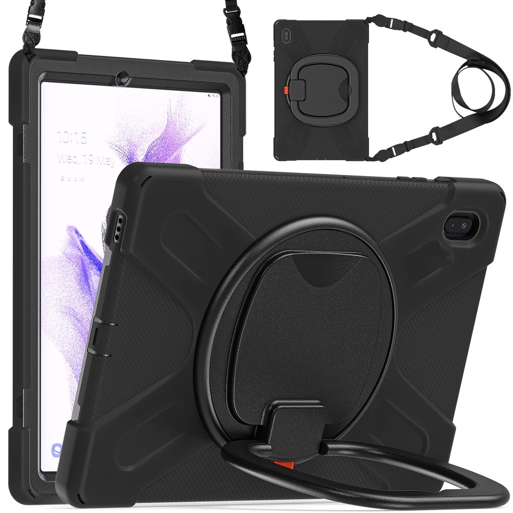 AdirMi Case for Samsung Galaxy Tab S7 FE 12.4-Inch 2021 (SM-T730/T733/T736B), Military Grade Rugged Shockproof Case with [360Rotating Multi Functional Handle Ring],Black