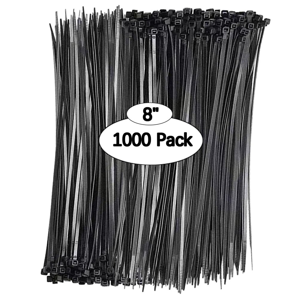 Black Zip Ties 8 inch (1000 Pack), 40lbs Tensile Strength, UV Resistant black Cable Ties heavy duty, Self-locking Plastic Ties for Indoor and Outdoor Use