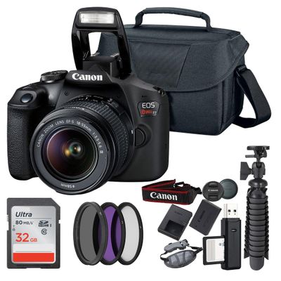 Canon Rebel T7 DSLR Camera (2000D) with EF-S 18-55 mm f/3.5-5.6 Lens + 32GB Memory Card + Camera Bag + Cleaning Kit + Table Tripod + Filters (Renewed)