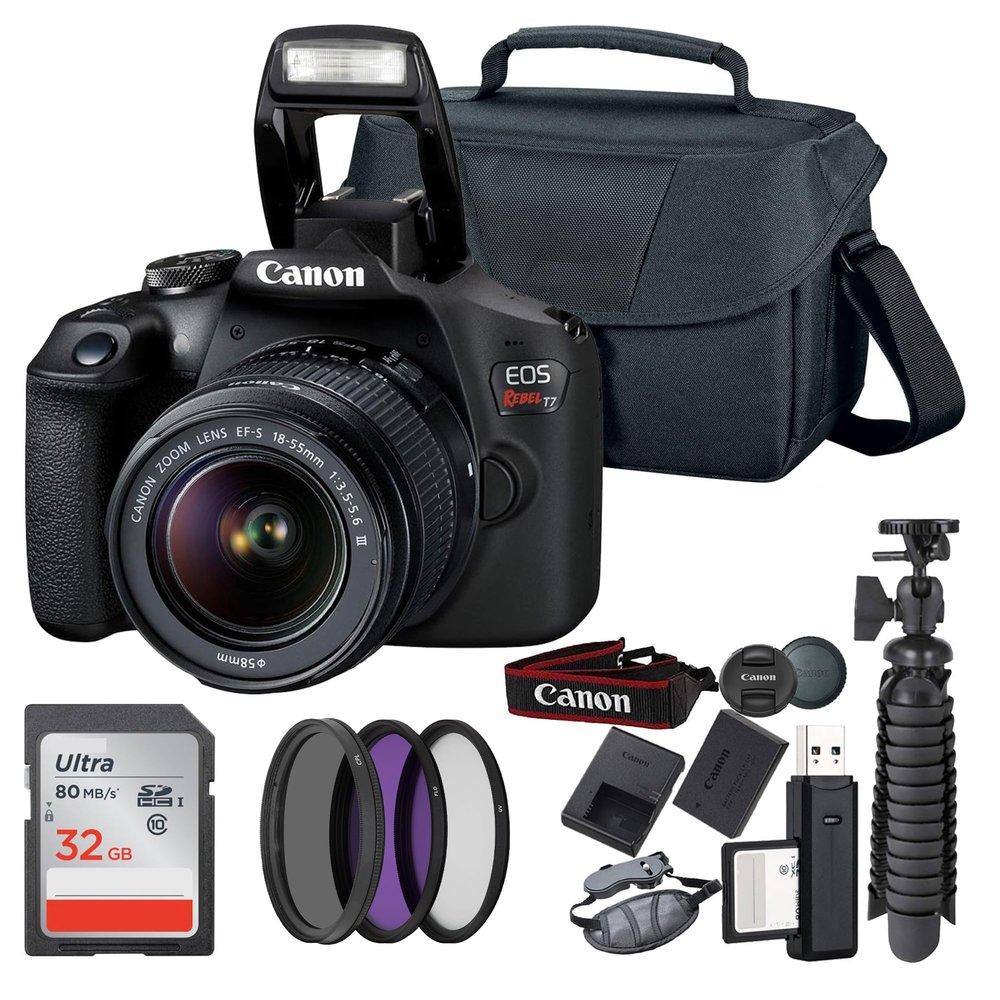 Canon Rebel T7 DSLR Camera (2000D) with EF-S 18-55 mm f/3.5-5.6 Lens + 32GB Memory Card + Camera Bag + Cleaning Kit + Table Tripod + Filters (Renewed)