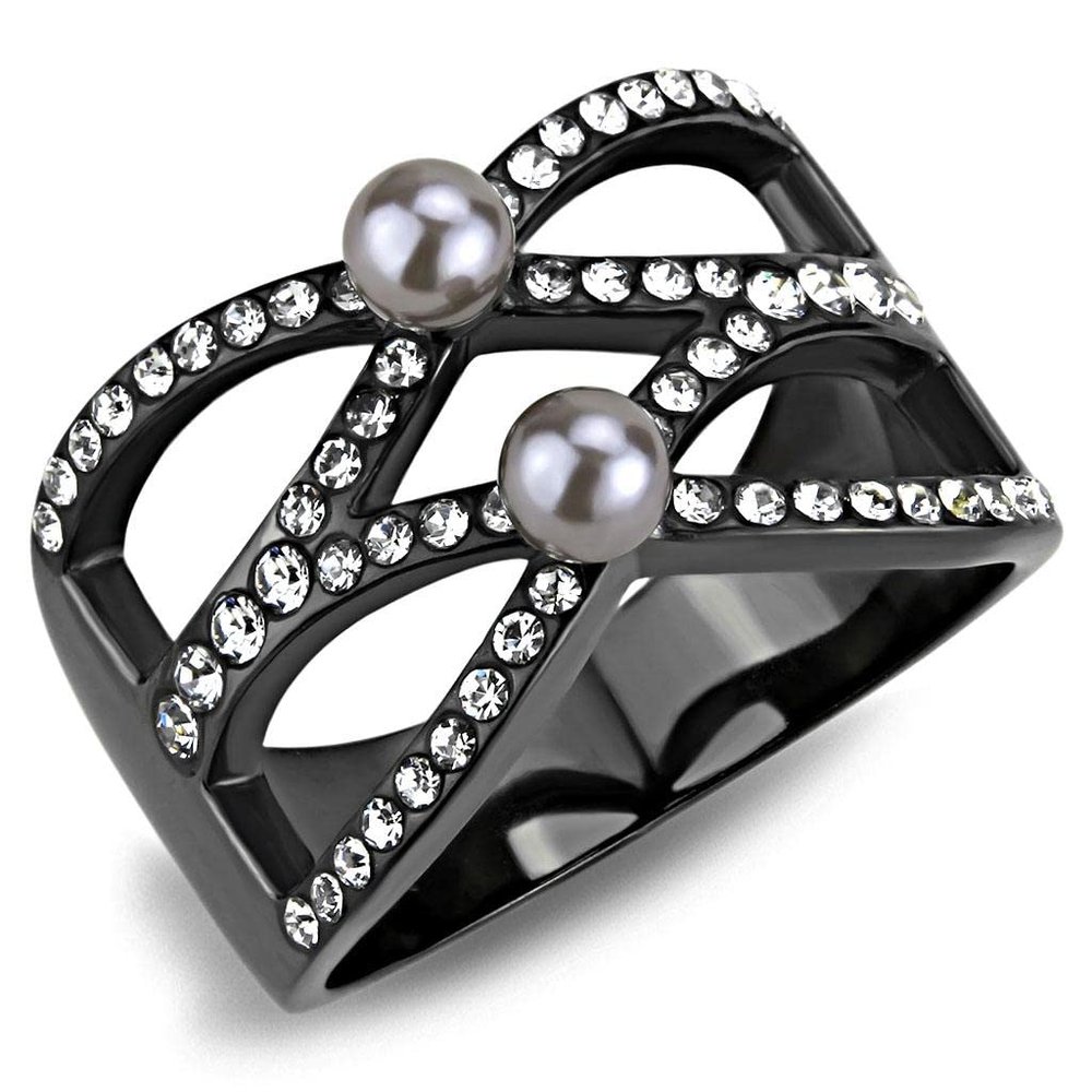 TK3515 - IP Light Black (IP) Stainless Steel Ring with Pearl in Gray Size 5