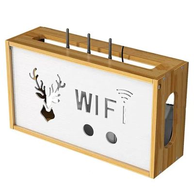 Fodalob Wooden Plastic Router Shelf Wall Mount WiFi Router Storage Box Modem Cable Router Cover Organized Power Strip Cable Management Hider Rack - 13.8x4.3x7.6inches(LxHxD)