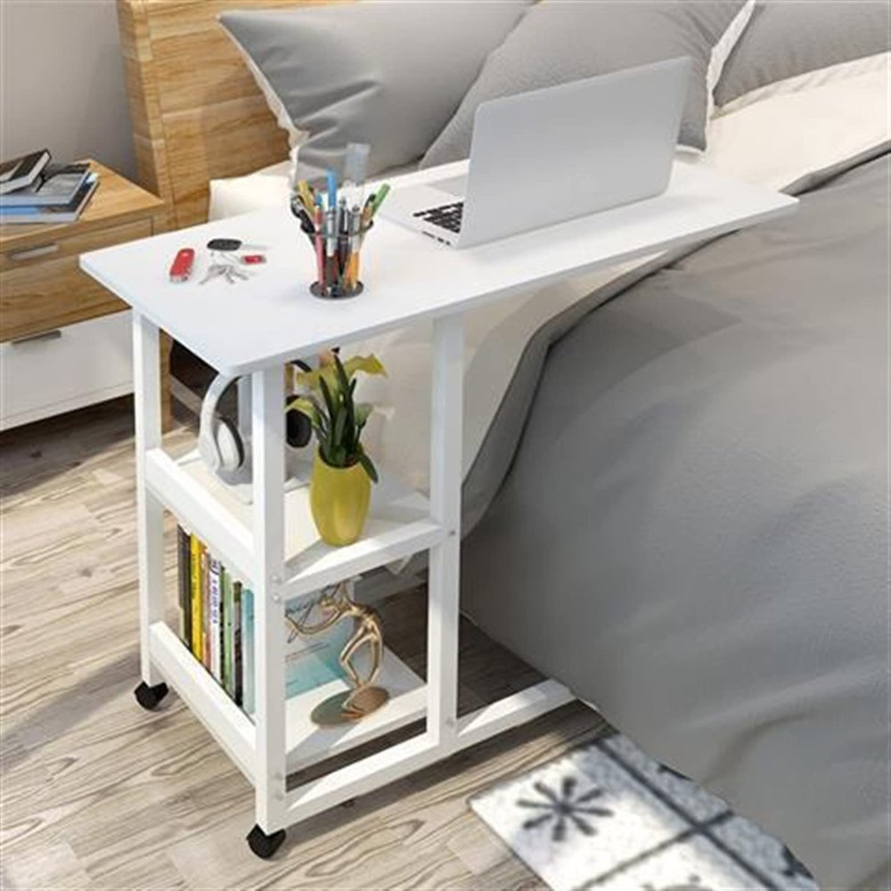 PC Desk Movable Simple Laptop Desk Side Table Mobile Lazy Table Bedside Laptop Desk with 2-Tier Storage Shelvs and Lockable Pulleys Office Desks (Color : D)