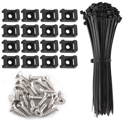 100 Cable Tie Mounts - Saddle Type, Self-Locking Zip Ties (203.2 x 3.3mm) & Deep Thread Pan Head Screws (100 Pieces, BLACK)