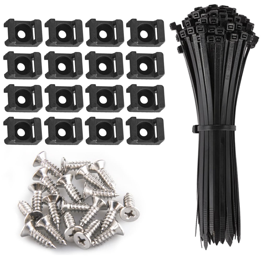 100 Cable Tie Mounts - Saddle Type, Self-Locking Zip Ties (203.2 x 3.3mm) & Deep Thread Pan Head Screws (100 Pieces, BLACK)