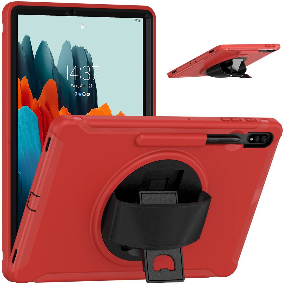 AdirMi Case for Samsung Tab S7 Plus 12.4 inch 2020 Released (SM-T970/T975/T976/T978), Military Grade Rugged Shockproof Case with [360 Rotating Stand/Hand Strap],Red