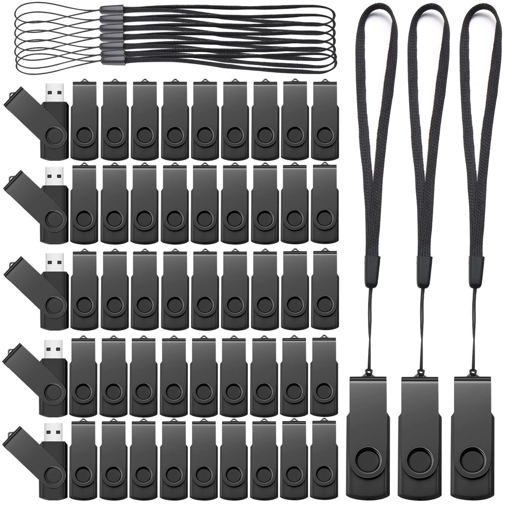 Aoriher 50 Pack USB 2.0 Flash Drives Bulk, Portable USB Thumb Drives with Lanyards, Swivel Flash Drives Thumb Drives for Office School Data Storage (Black, 128MB)