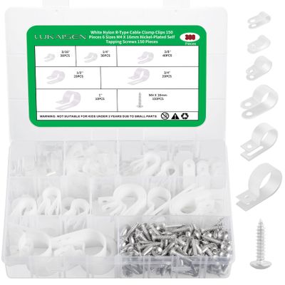 300PCS White Cable Clamps Assortment Kit, Nylon Plastic R-Type 6 Sizes 3/16'' 1/4'' 3/8'' 1/2'' 3/4'' 1'' Cable Mounting Wire Clips Fastener with M4 Screws for Wire Management