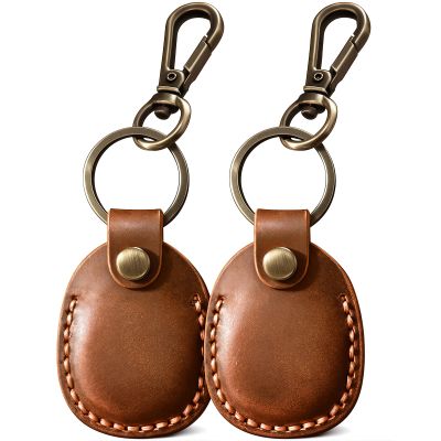 2 Pack Genuine Leather AirTag Holder Compatible with Apple AirTag 2nd Gen & 1st Gen, Handmade Air tag Keychain with Key Rings, Hidden Air Tags Case Accessories - Brown