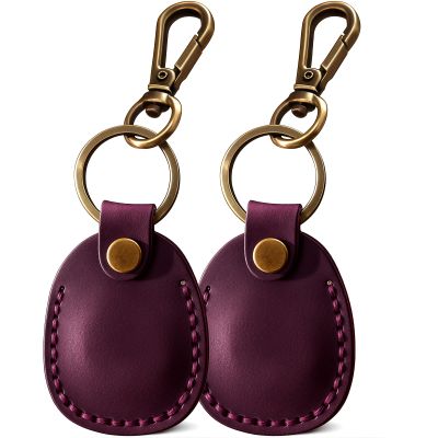 2 Pack Genuine Leather AirTag Holder Compatible with Apple AirTag 2nd Gen & 1st Gen, Handmade Air tag Keychain with Key Rings, Hidden Air Tags Case Accessories - Purple