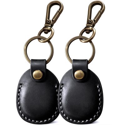 2 Pack Genuine Leather AirTag Holder Compatible with Apple AirTag 2nd Gen & 1st Gen, Handmade Air tag Keychain with Key Rings, Hidden Air Tags Case Accessories - Black