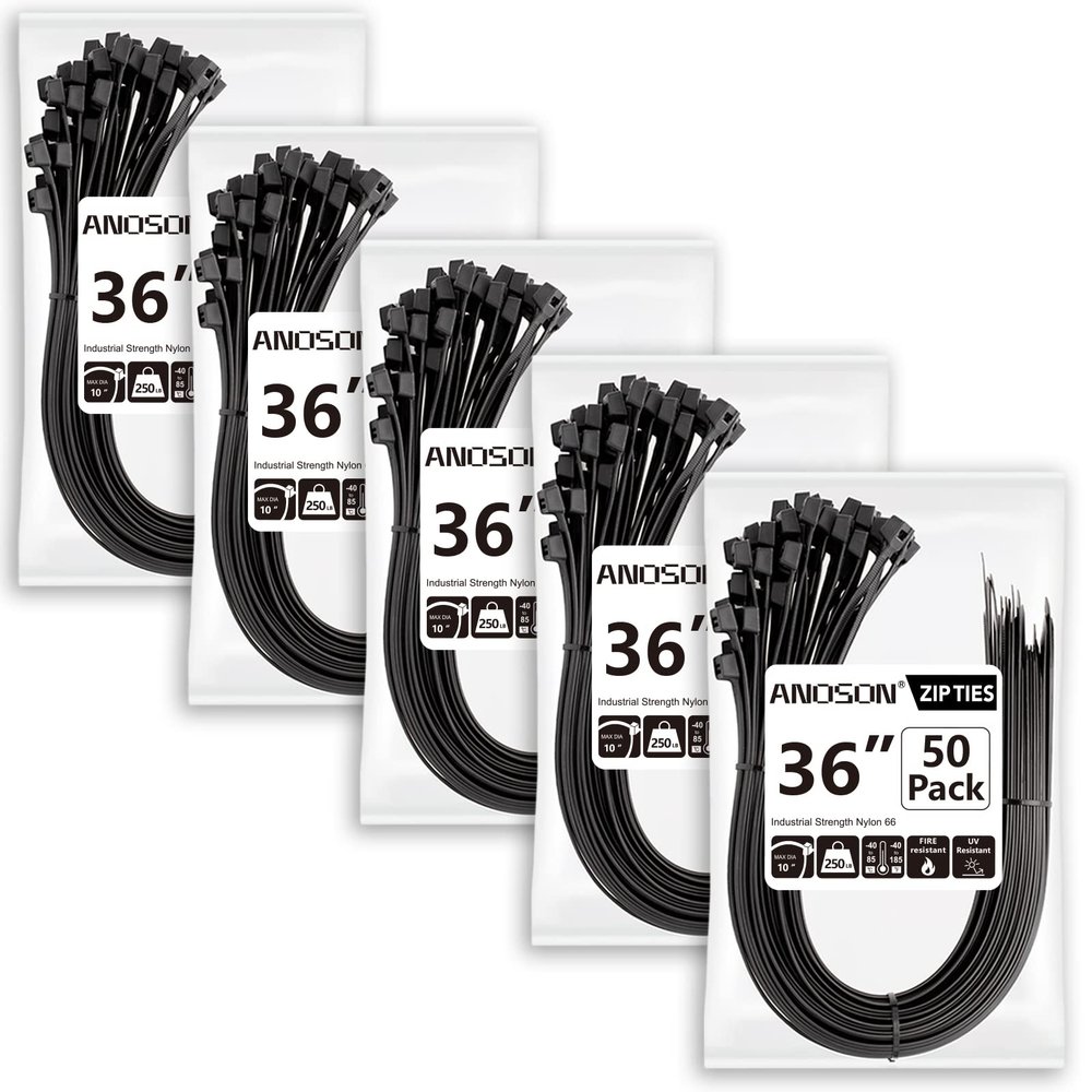 Large Zip Ties 36 inch (250 Pack), Long Zip Ties Heavy Duty with 250 lb Tensile Strength, Big Cable Ties, Black, by ANOSON