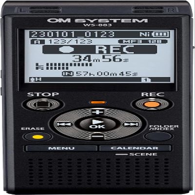 OM SYSTEM WS-883 Digital Voice Recorder with Built-in Stereo Microphones, Direct USB, Noise Cancel, Simple Mode, Low-Cut Filter, Intelligent Auto Mode, 8 GB Memory and VCVA
